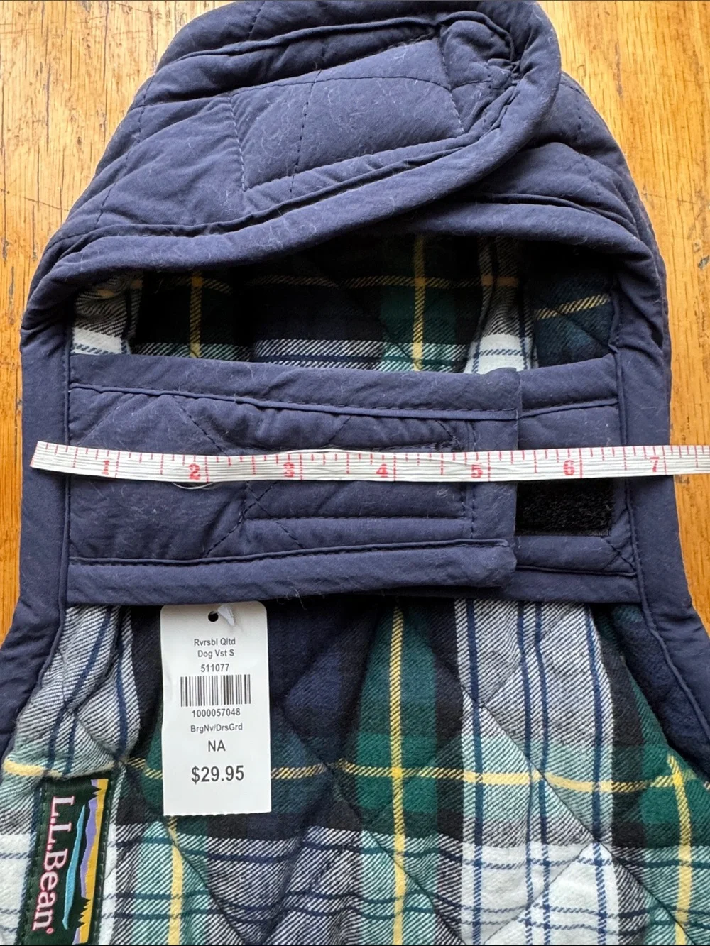 L.L. Bean | Navy Quilted Dog Jacket with Tartan Lining